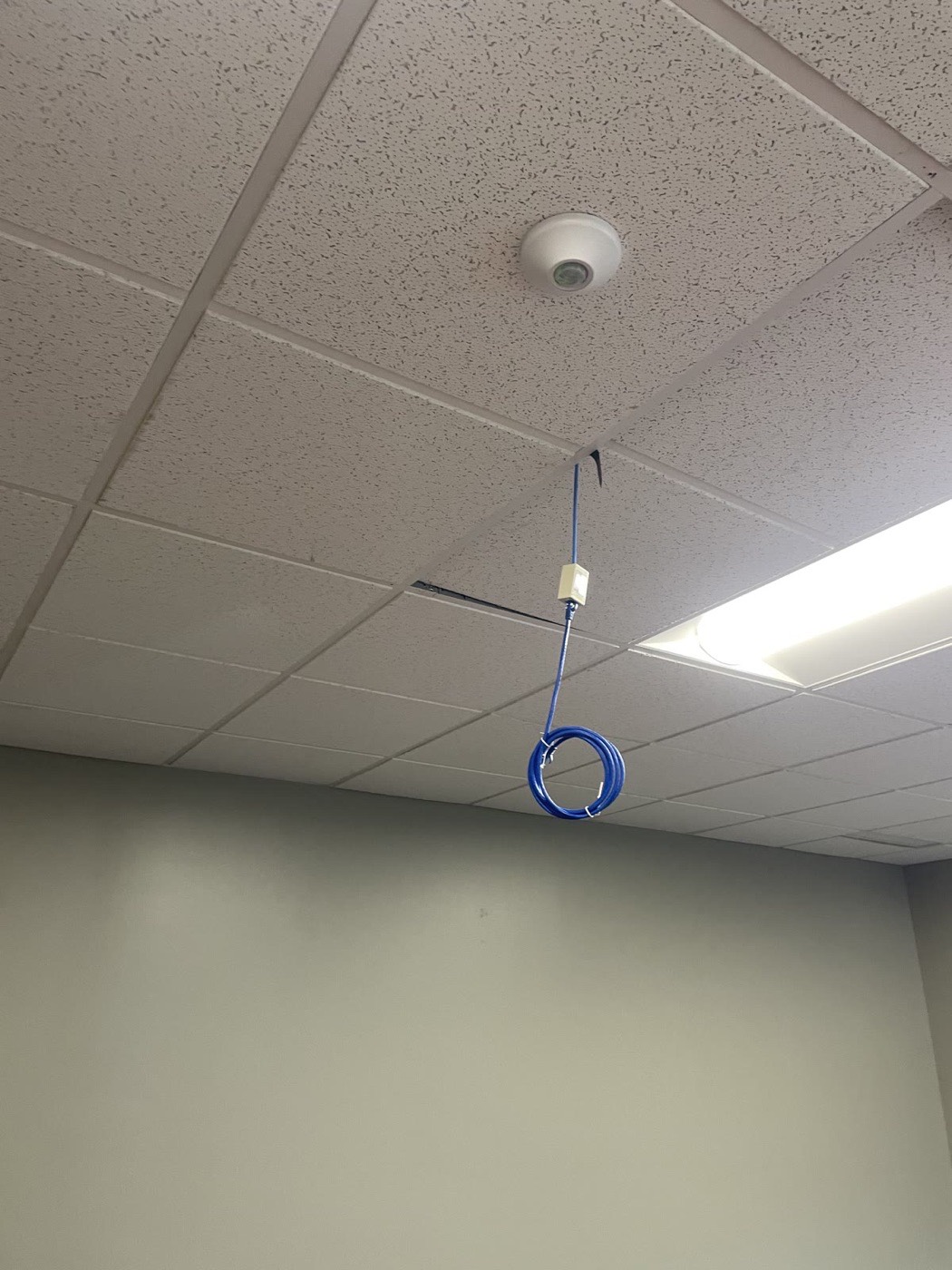 Cable rough-in coiled at the ceiling, ready for device installation
