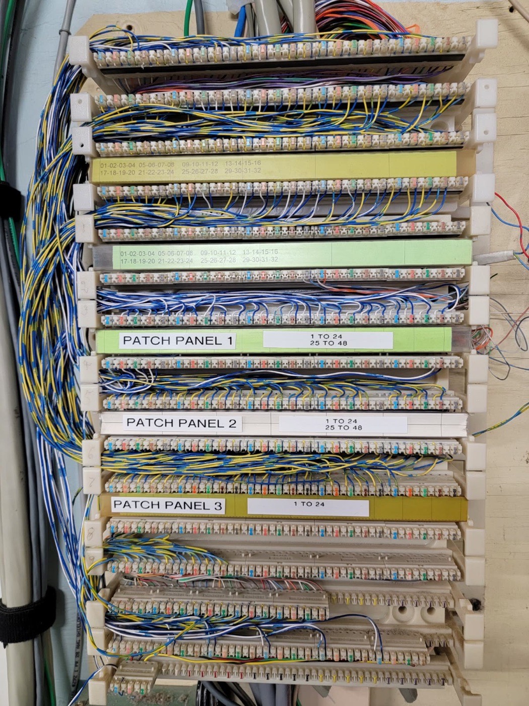 Voice cross-connect field with labeled patch panels and punch-down blocks