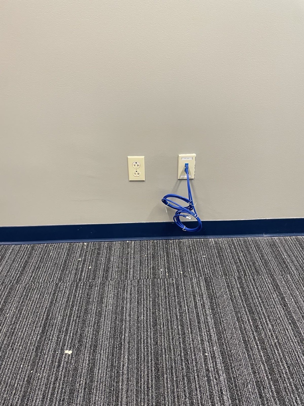 Finished workstation drop with a neat service loop at the baseboard